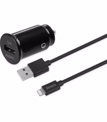 USB billadare med avtagbar USB-A till Lightning kabel, 12 W, 1m kabel, MFi, svart
