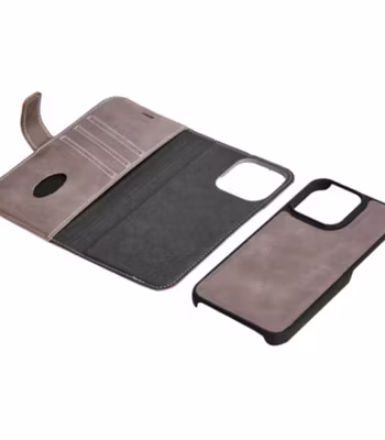 📱 iPhone 13 Pro – Avtagbart Plånboksfodral i Äkta Läder, Grå