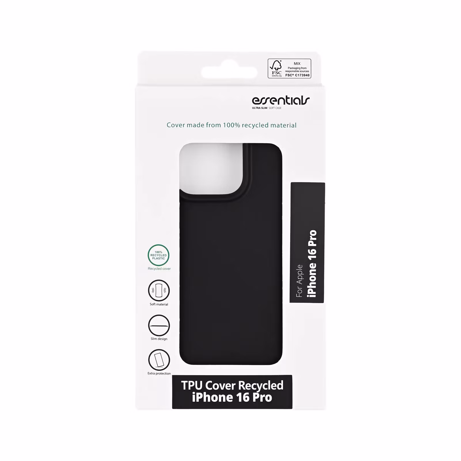 Essentials svart återvunnet TPU-skal för iPhone 16 Pro i förpackning