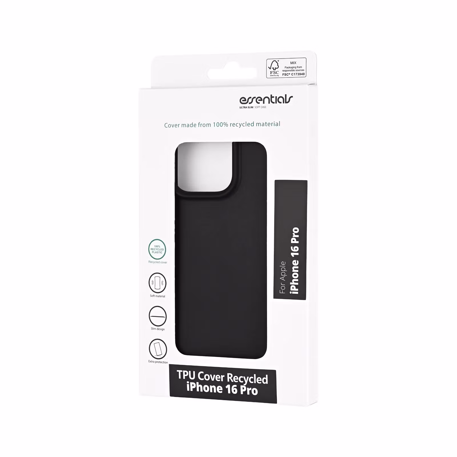 Essentials TPU-skal för iPhone 16 Pro i svart sett i förpackning från sidan