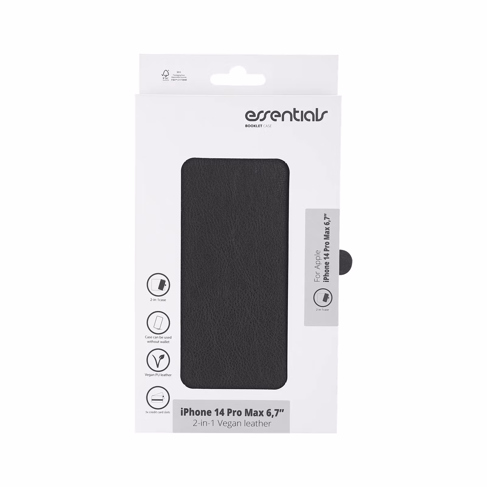 Essentials svart plånboksfodral för iPhone 14 Pro Max i förpackning