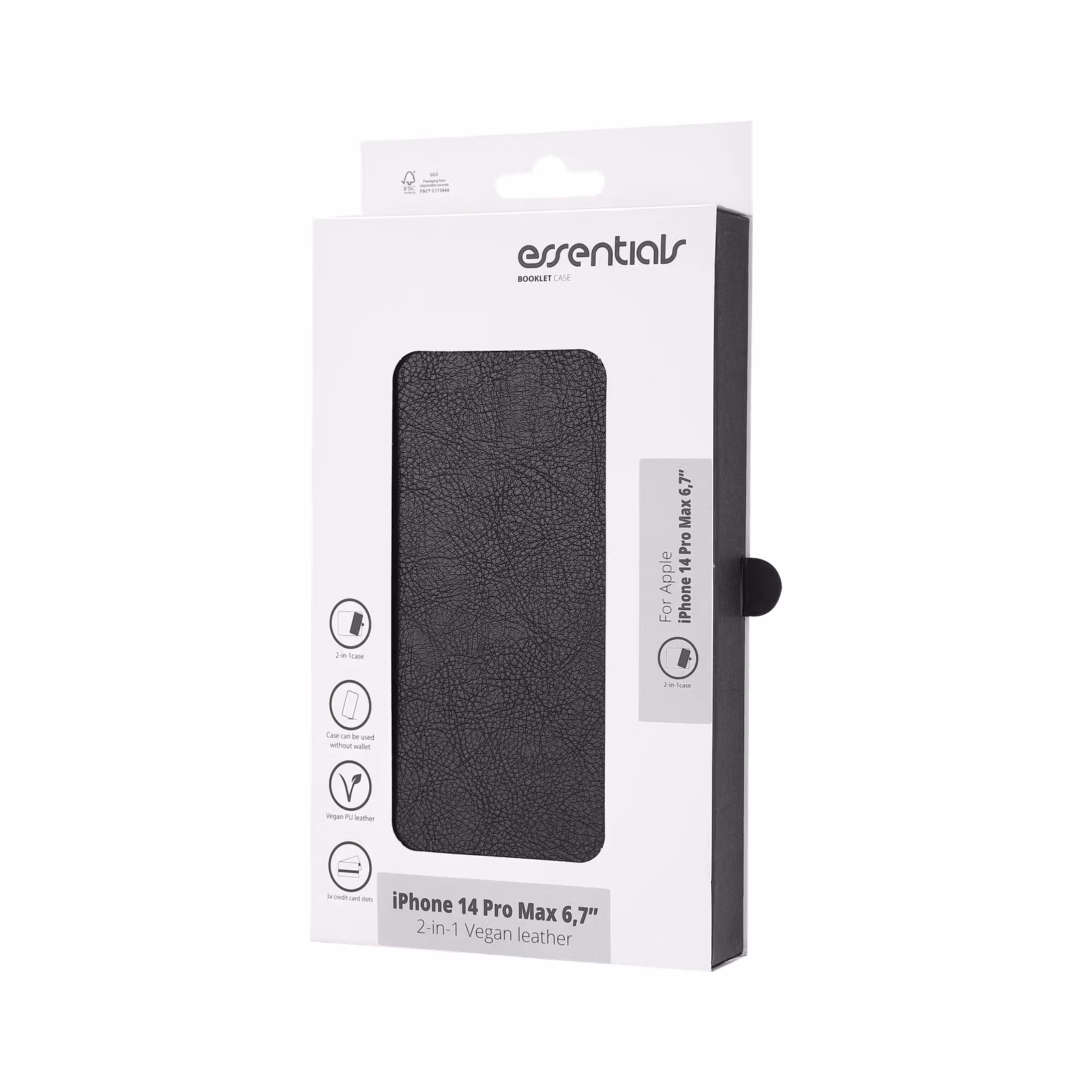 Essentials plånboksfodral för iPhone 14 Pro Max sett i förpackning från sidan