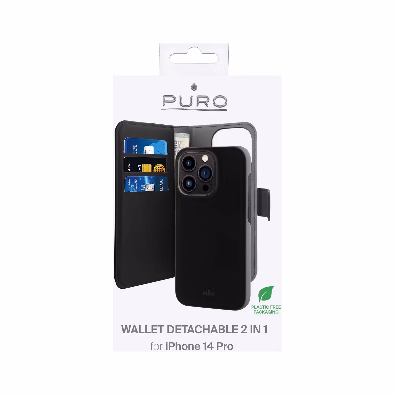 Puro Wallet Detachable 2-i-1 plånboksfodral för iPhone 14 Pro i förpackning