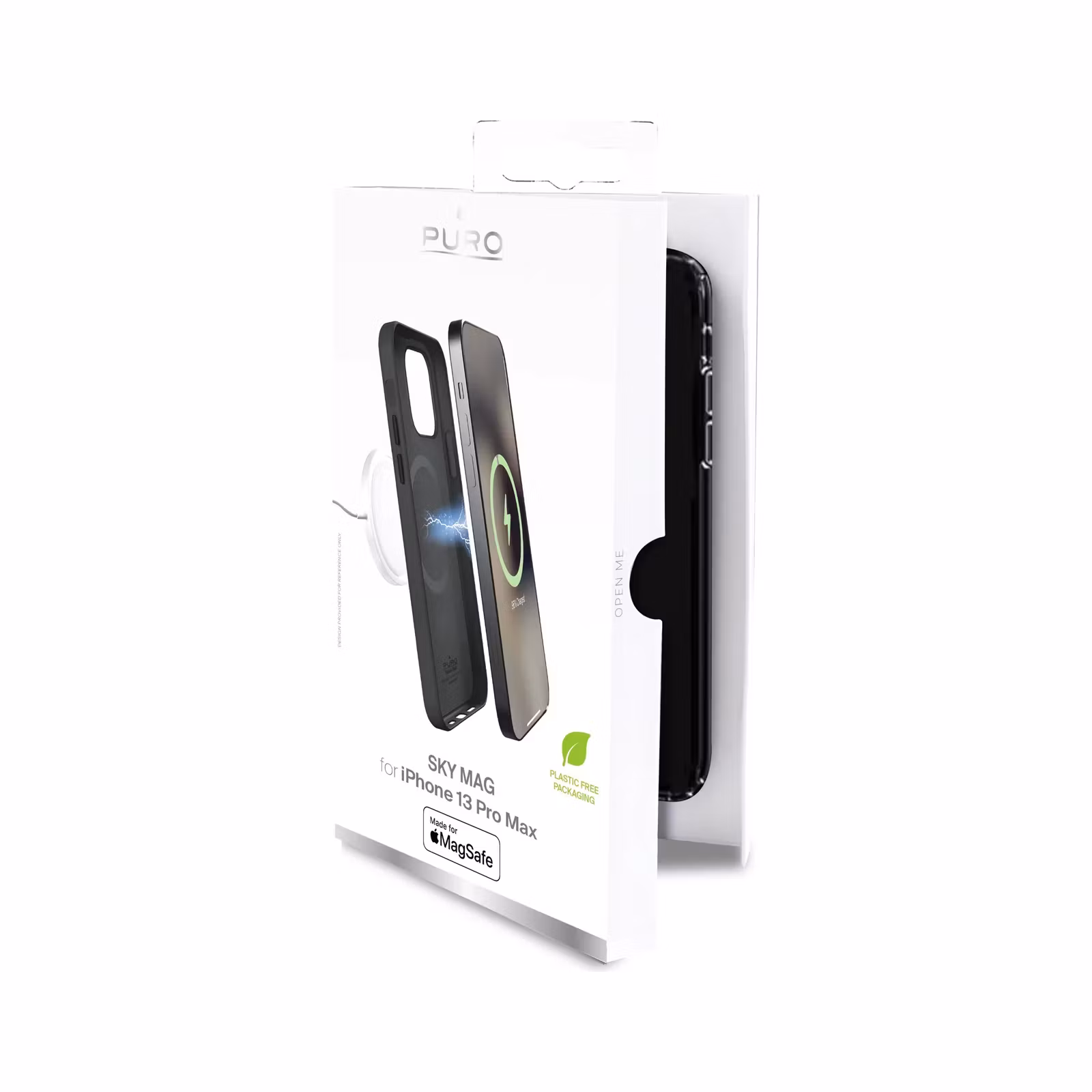Puro Sky Mag svart MagSafe-skal för iPhone 13 Pro Max i förpackning från sidan