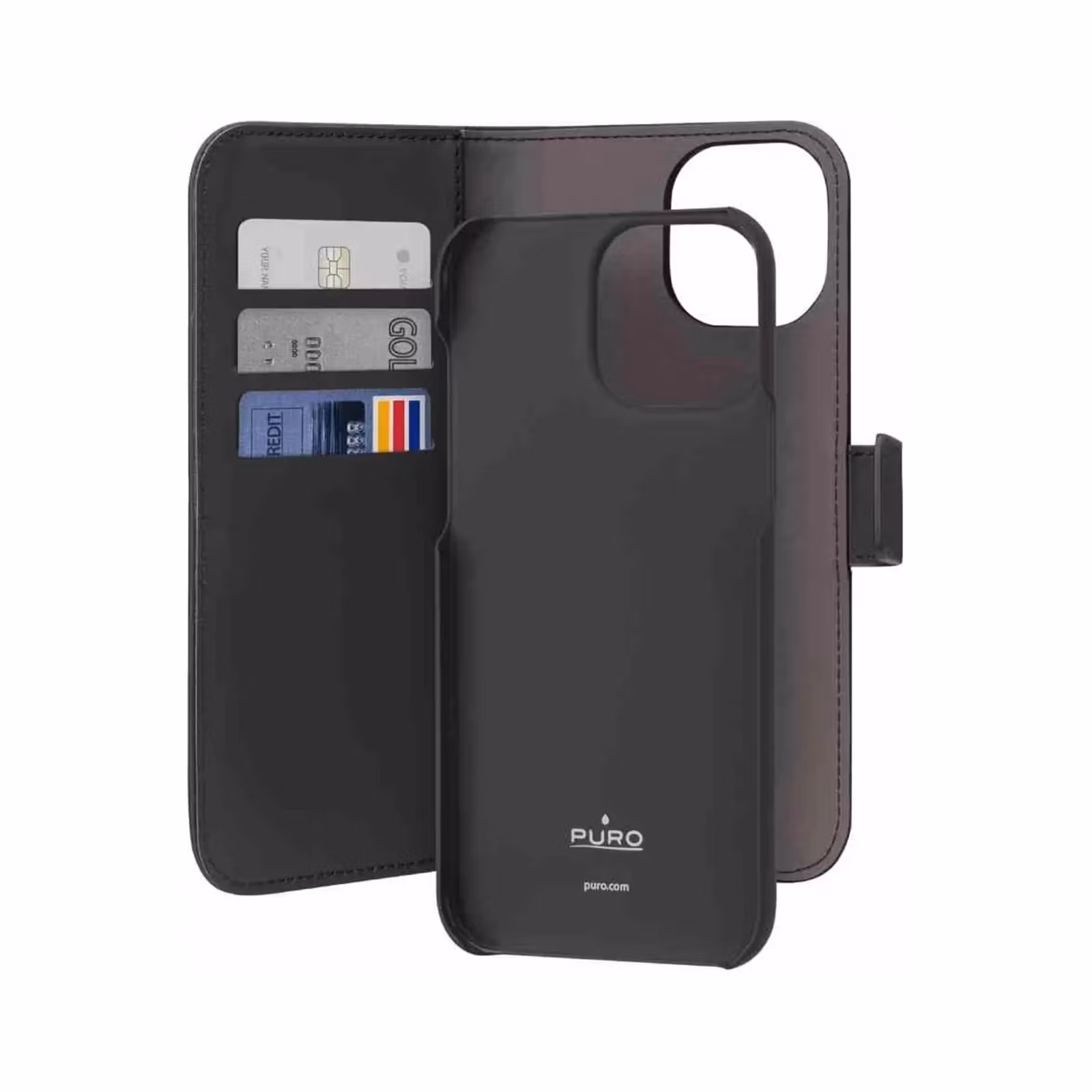 Puro Wallet Detachable svart plånboksfodral med magnetiskt löstagbart skal för iPhone 15 Pro Max