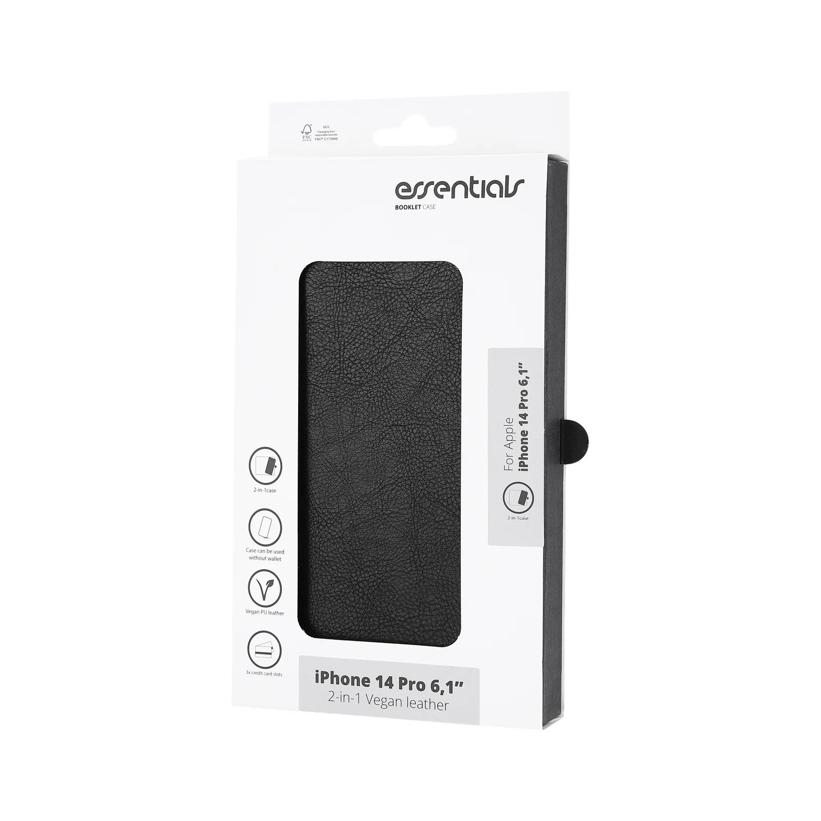 Essentials svart 2-i-1 plånboksfodral för Apple iPhone 14 Pro med originalförpackning