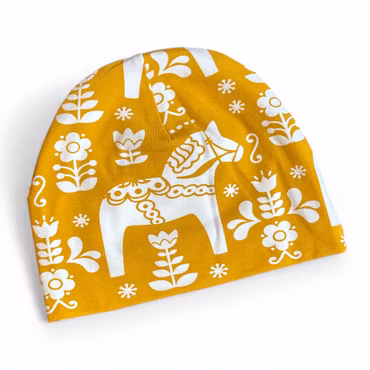 Mössa dalahäst, senap/creme