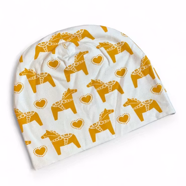 Mössa dalahäst, creme/senap