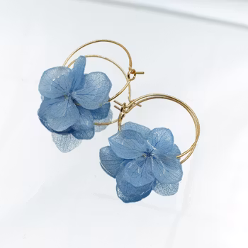 Hortensia Pixie Blå– Gullbelagte Øreringer med Ekte Hortensiablomster