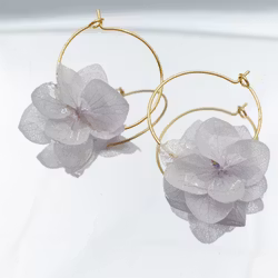 Hortensia Pixie Perlegrå– Gullbelagte Øreringer med Ekte Hortensiablomster