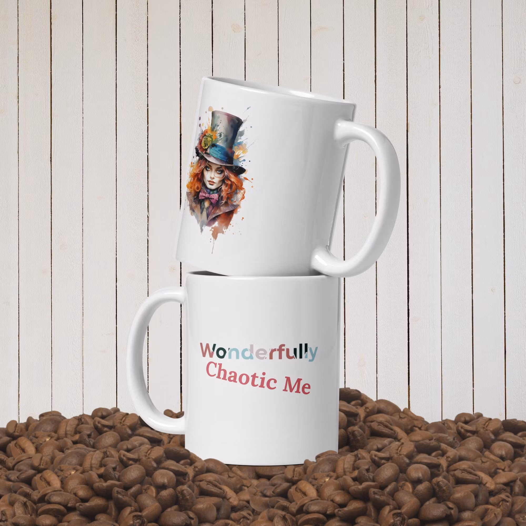 Female Mad Hatter Mug | Whimsical Chaotic Me | Customizable Text | Watercolor Illustration