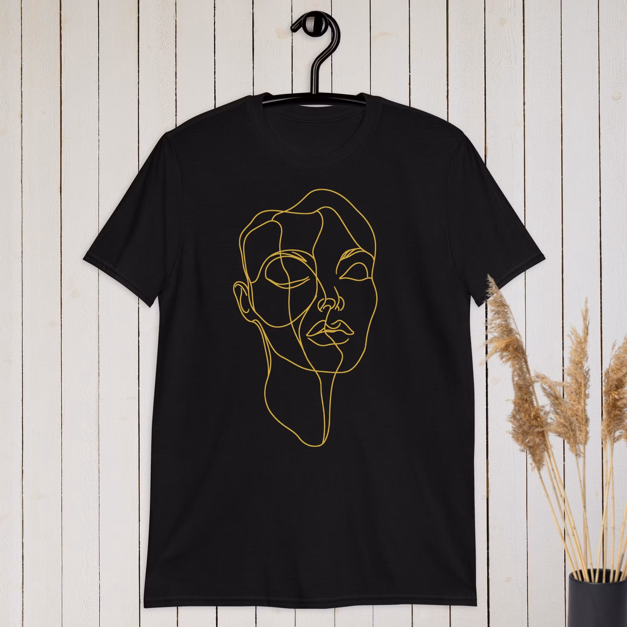 Gold Line Art Abstract Female Face T-shirt | Customizable Text Tee & Shirt