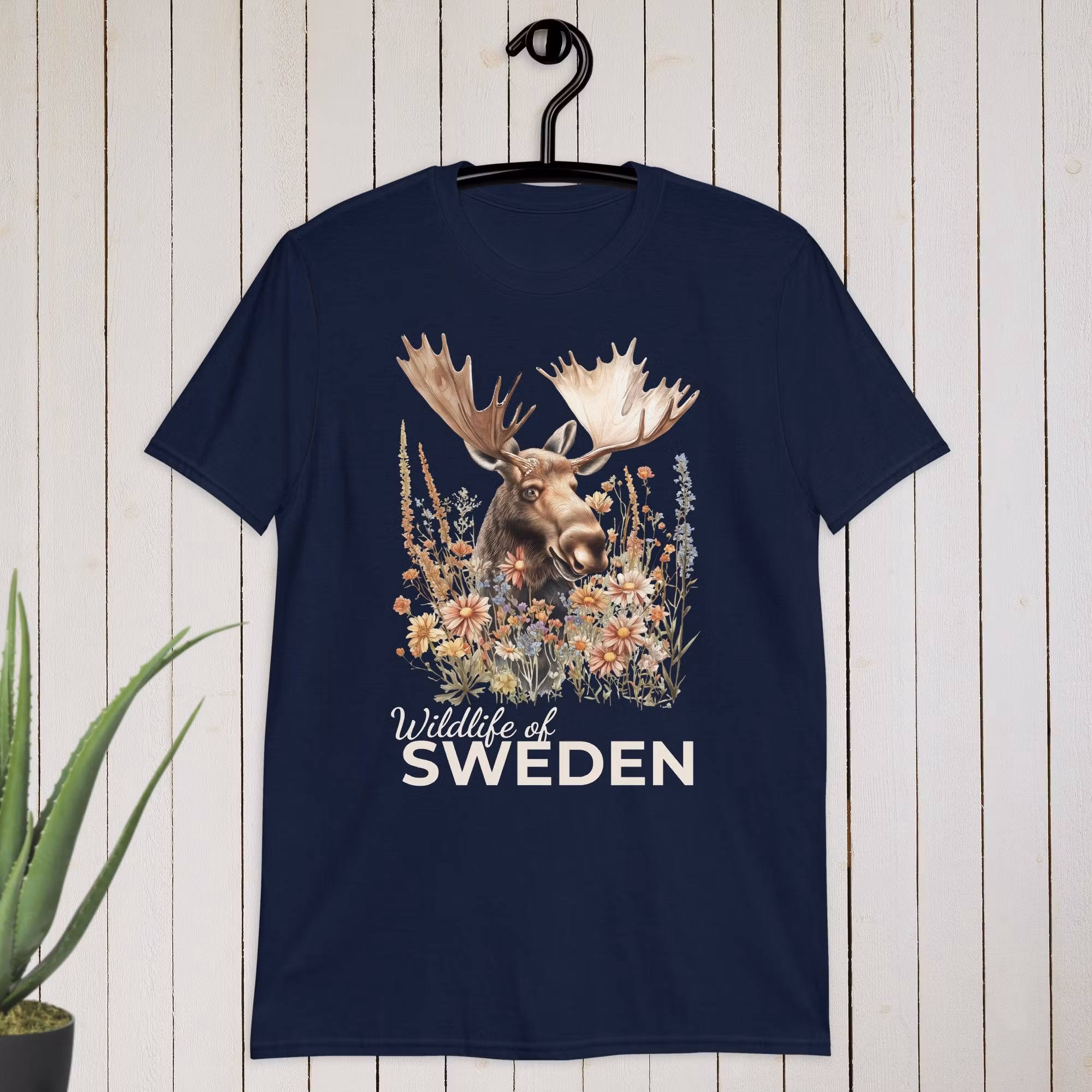 Moose and Flowers T-shirt | Wildlife of Sweden | Customizable Text Tee & Shirt | Nature-Inspired Design