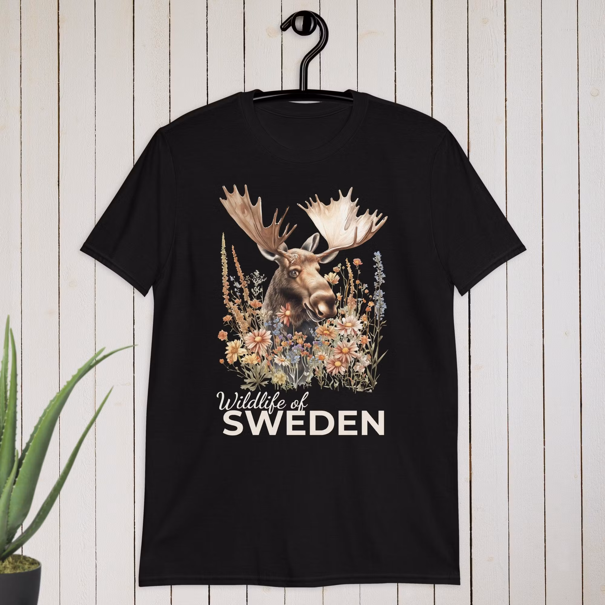 Moose and Flowers T-shirt | Wildlife of Sweden | Customizable Text Tee & Shirt | Nature-Inspired Design