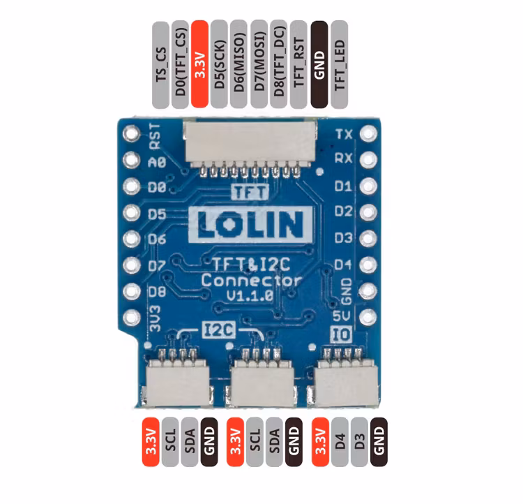 TFT I2C Connector Shield V1.1.0 for LOLIN (WEMOS) D1 mini