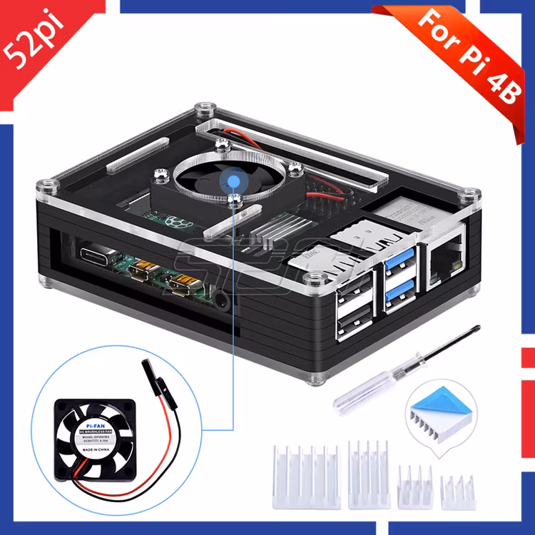 52Pi Original Acrylic ABS Case for Raspberry Pi 4 with DC 5V Cooling Fan
