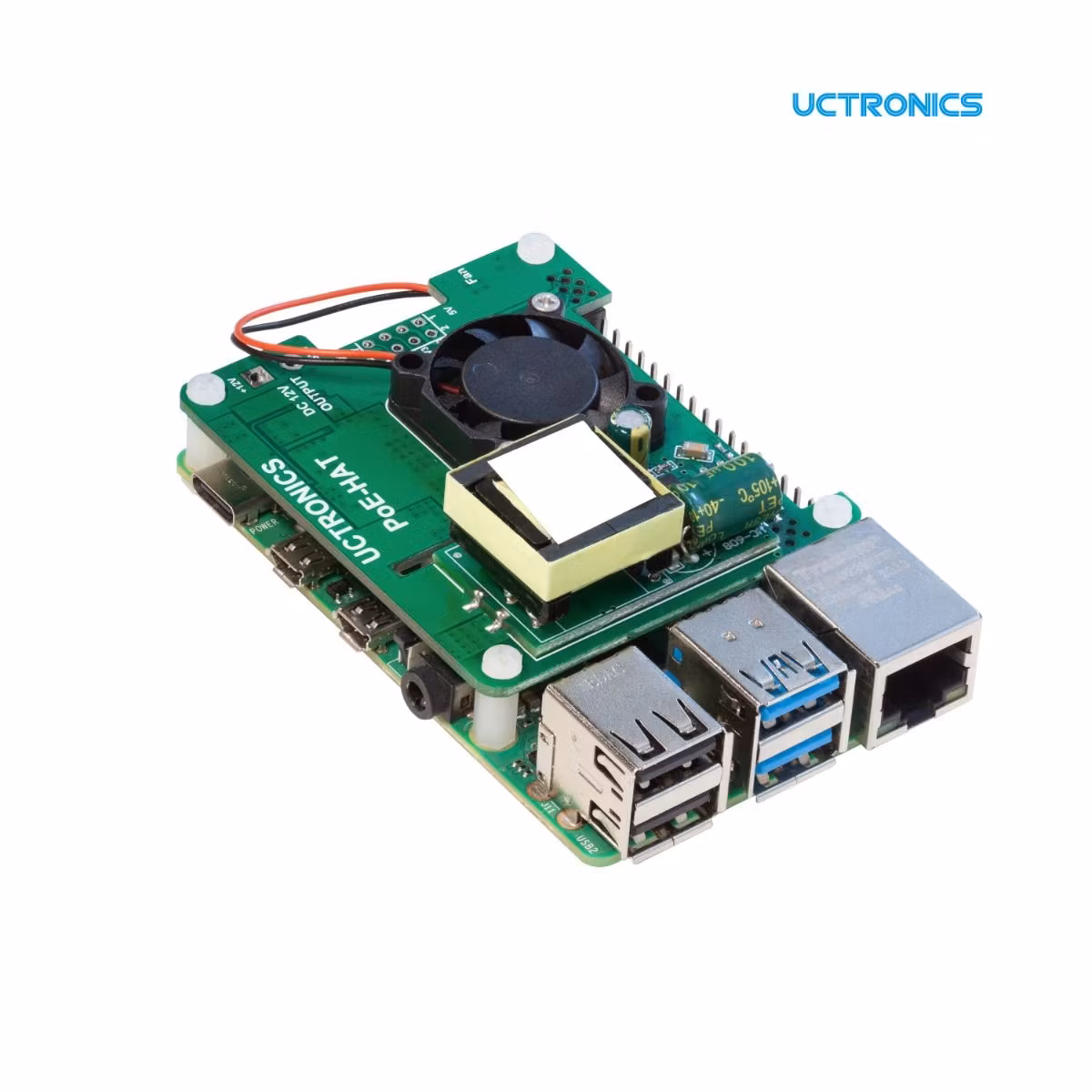 UCTRONICS PoE HAT 5V 3A for Raspberry Pi 4B, 3B+ and 802.3af/at PoE Network, with Cooling Fan