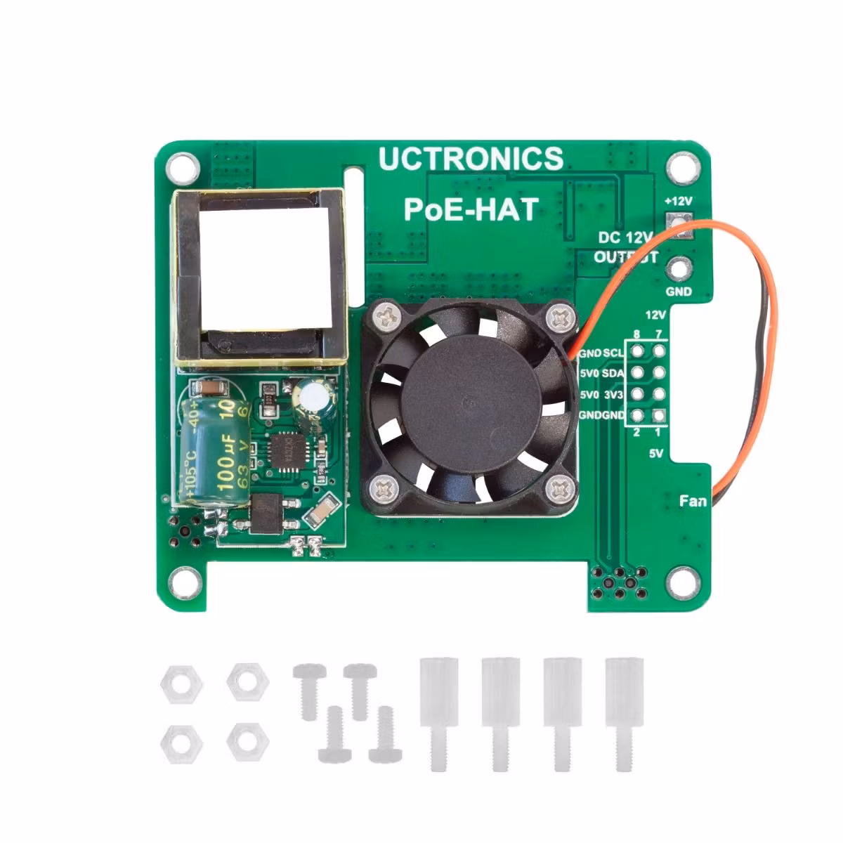 UCTRONICS PoE HAT 5V 3A for Raspberry Pi 4B, 3B+ and 802.3af/at PoE Network, with Cooling Fan