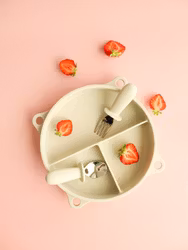 Barntallrik med sugpropp och spännband - Warm Gray