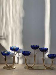 Gunnar Ander set of two Candle Holders by Ystad Metall, blue flower with brass