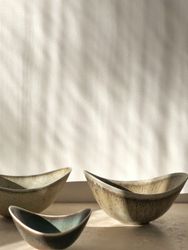 Gunnar Nylund trio Greige Biomorphic ARO Stoneware Bowls for Rörstrand