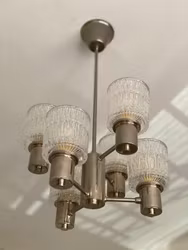 Tyringe 6-armed Crystal Chandelier with textured Glass Shades. 1960s.
