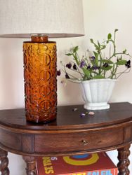 Glass Table Lamp in amber by Gustav Leek for Orrefors, 1960s
