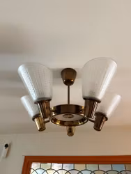 Harald Notini 5-armed Brass Chandelier with textured Glass Shades. 1940s.