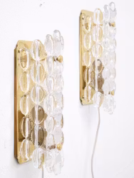 Orrefors pair of Crystal Sconces with gold brass fixtures by Carl Fagerlund