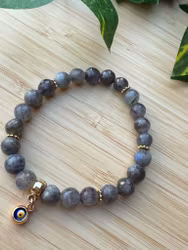 Grå labradorit stens armband med onda ögat pärla figur (8mm)