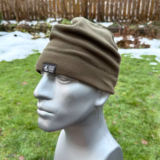 Beanie Fleece Green from TAC-UP GEAR seen fully extended with loose scull fabric on a model