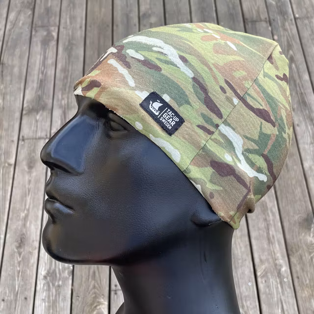 The Multiwrap Coolmax Camo from TAC-UP GEAR used as a beanie seen from the side