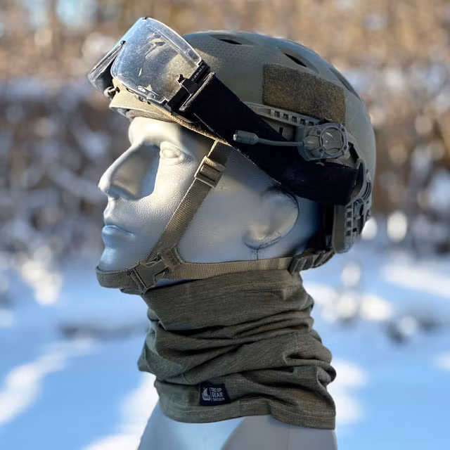Neck Tube Merino Wool Green from TAC-UP GEAR seen on model with military helmet