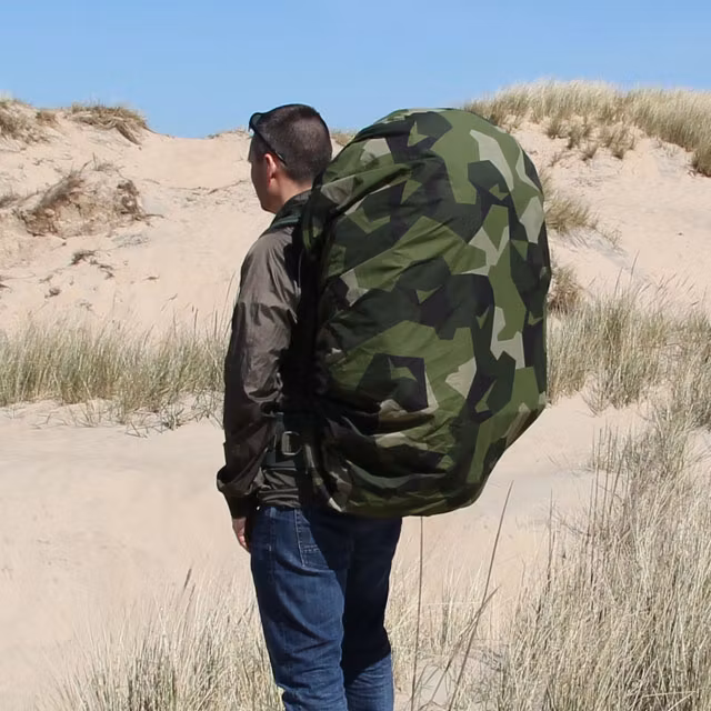 Rucksack Cover M90 back view mounted on a SACCI 120 Litre FJS rucksack