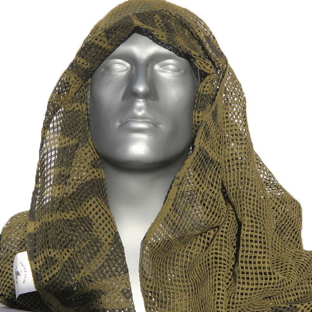 Draped Scrim Scarf Black/OD Camo on a mannequin.
