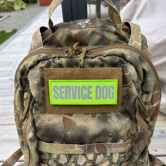 Service Dog HiVis PVC Patch mounted on a camouflage backpack