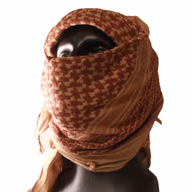 A Shemagh Khaki/Brown draped around face and head on a mannequin.