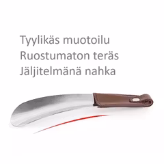 Kenkäsarvi, ruostumatonta terästä ja keinonahkaa