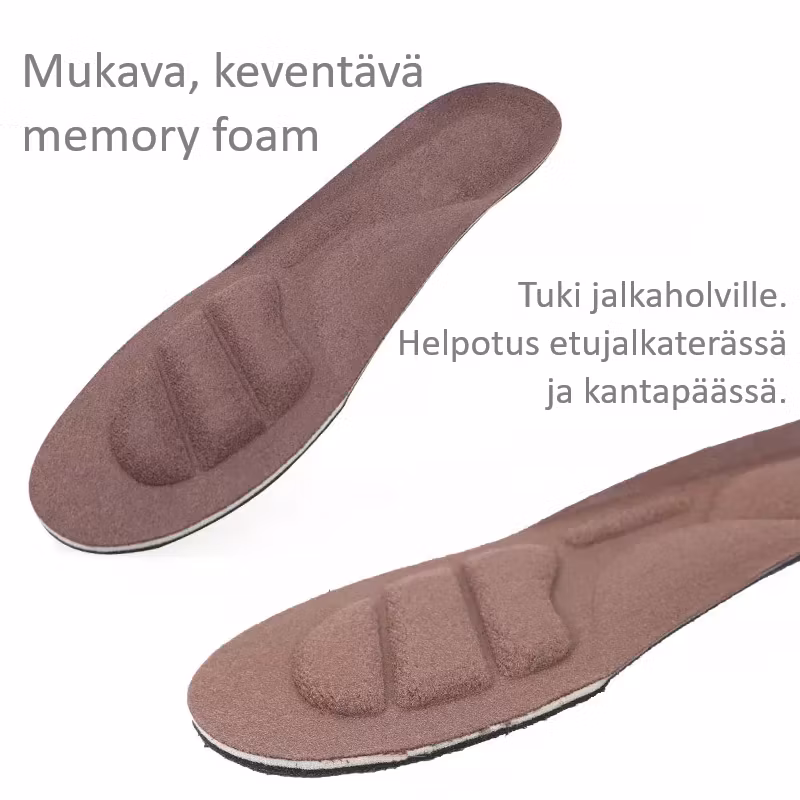 Pohjalliset imuistivaahto, jossa on kaarituki ja pehmusteet kantapäässä ja etujalkaterässä