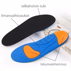 Pohjalliset, iskunvaimennus kantapäässä ja etujalkaterässä, holvituki