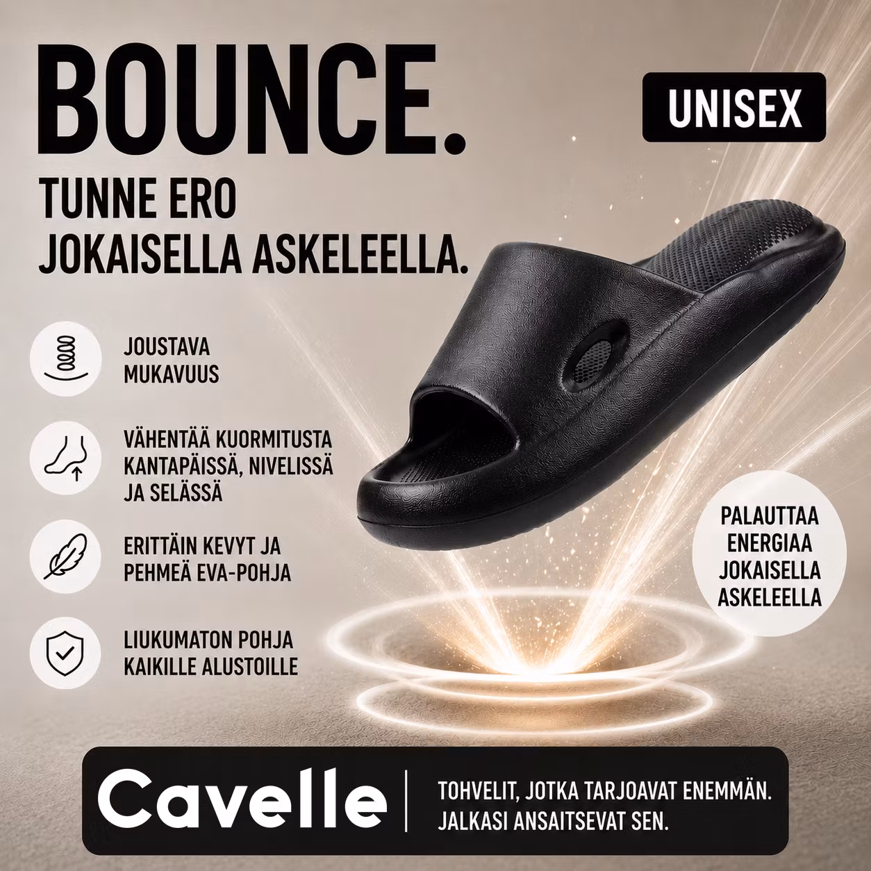 Cavelle Bounce tohvelit MUSTA, joustavat ja kuormitusta keventävät