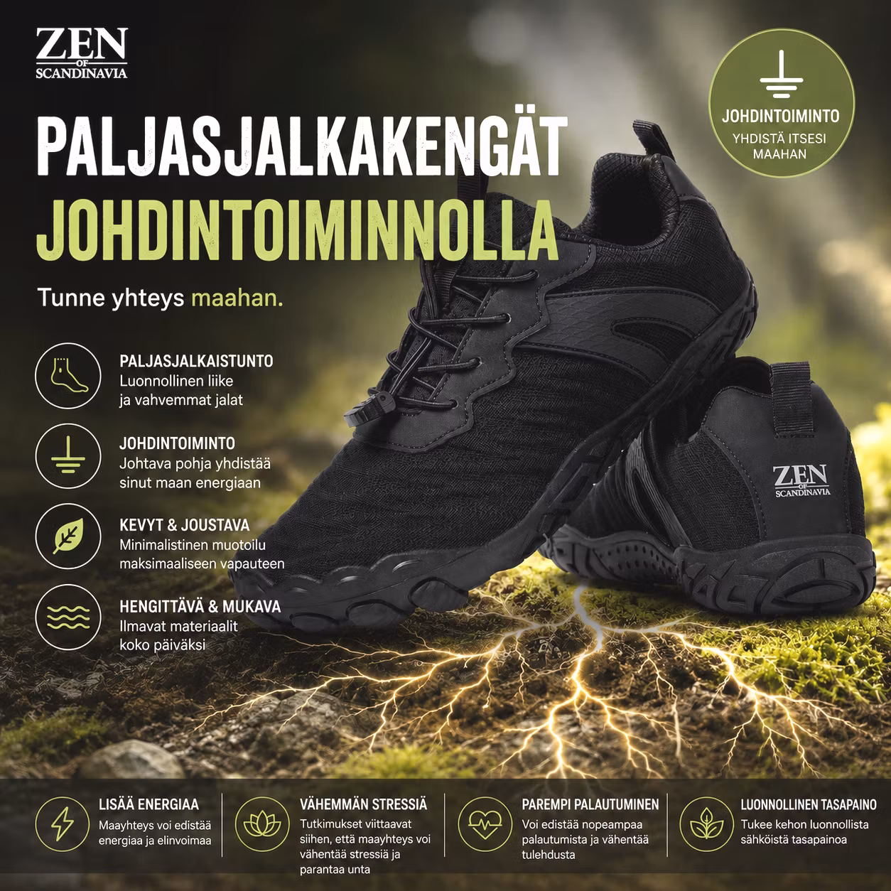 Maadoittavat kengät, paljasjalkakengät grounding-toiminnolla Vital MUSTA
