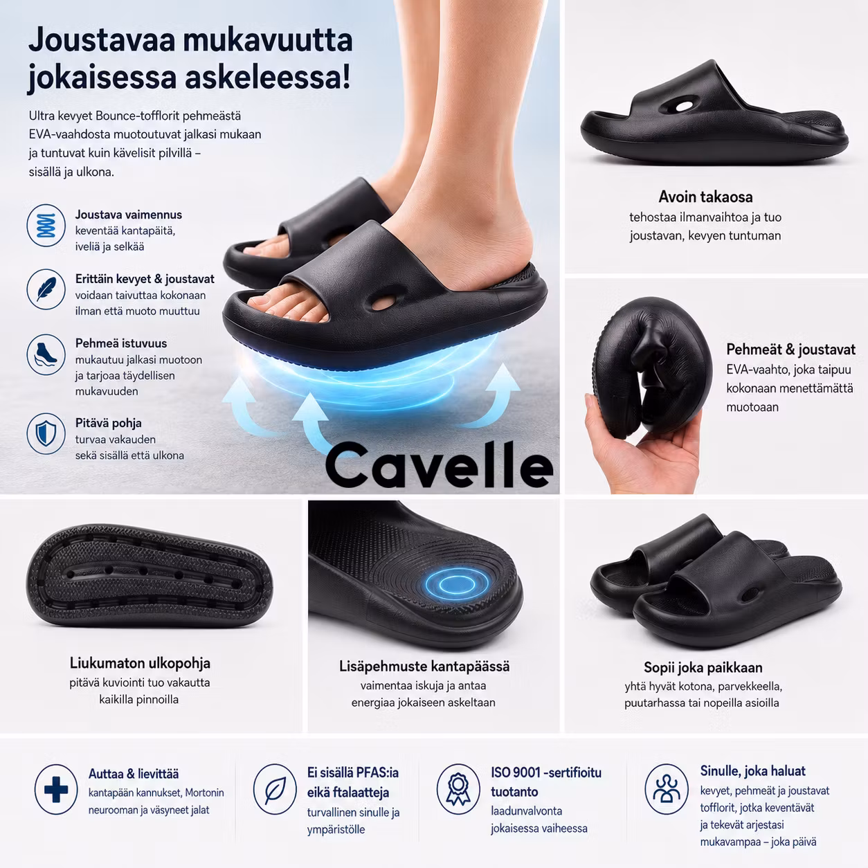 Bounce tohvelit MUSTA, joustavat ja kuormitusta keventävät