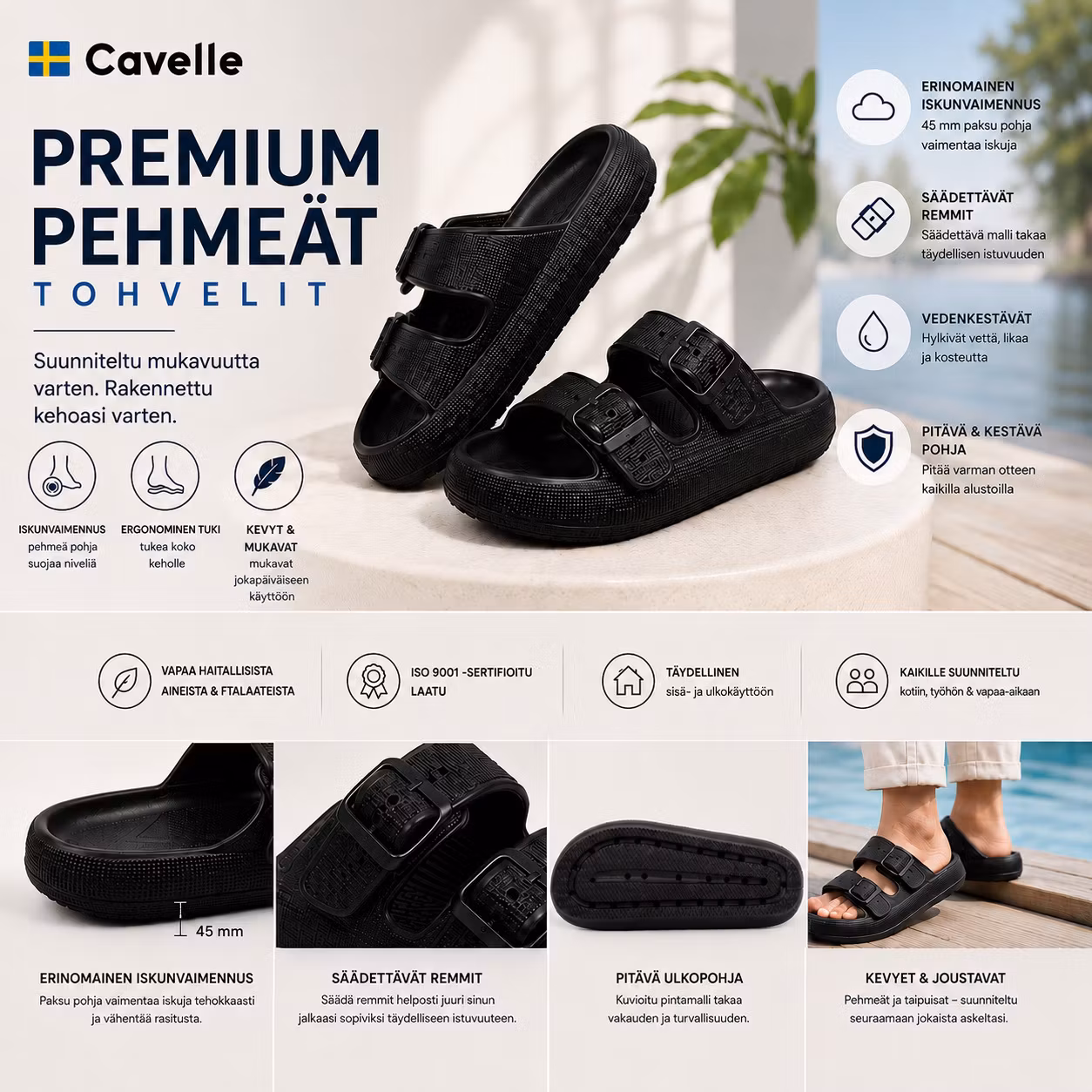 Premium säädettävä pehmeä tossut MUSTA – pehmeä & iskuja vaimentava