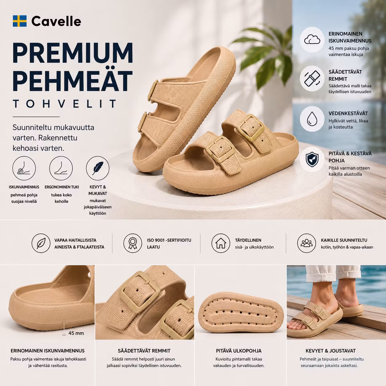Premium säädettävä pehmeä tossut KHAKI – pehmeä & iskuja vaimentava