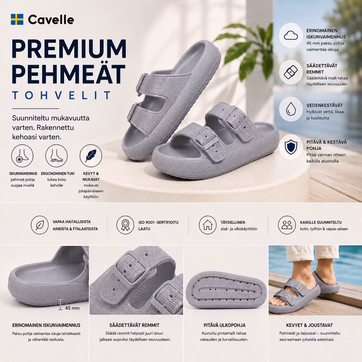 Premium säädettävä pehmeä tossut HARMAA – pehmeä & iskuja vaimentava