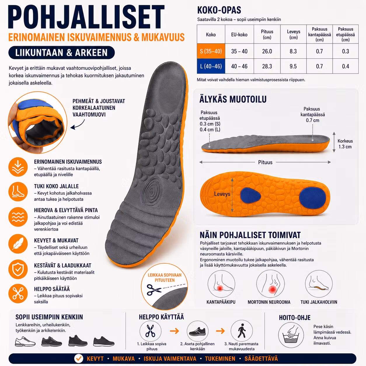 Pohjalliset, erittäin joustava, iskunvaimennus kantapäähän ja etujalkaan, hieronta, vaahtomuovi