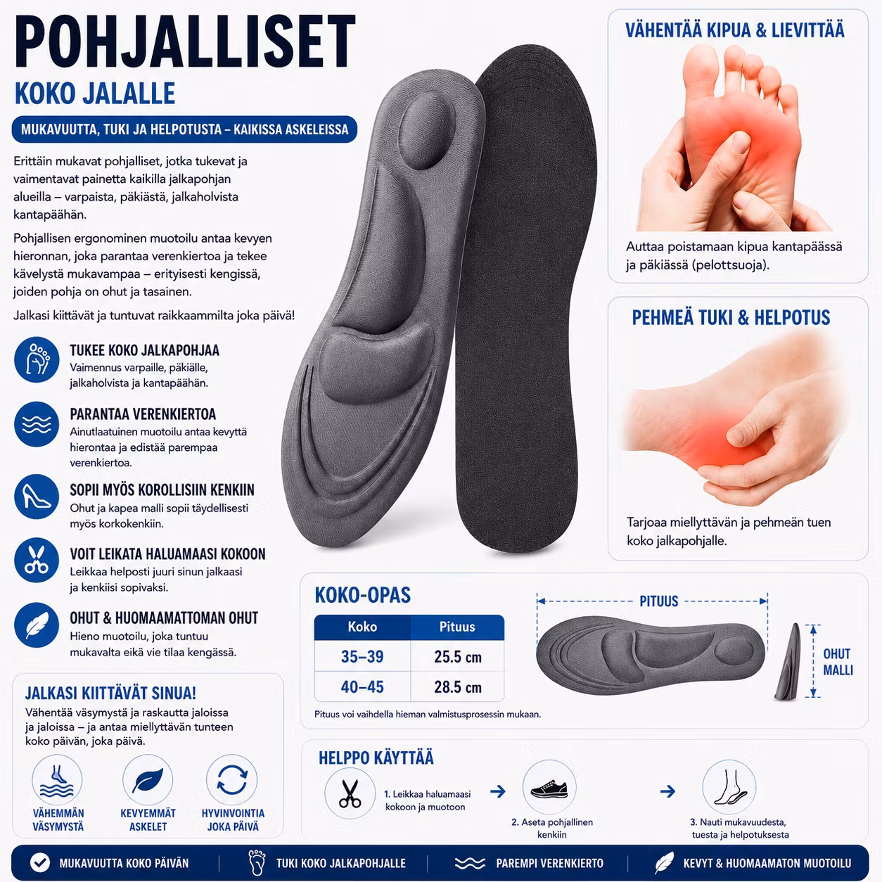 Pohjalliset, iskunvaimennus kantapäässä ja etujalkaterässä, kaarituki, HARMAA