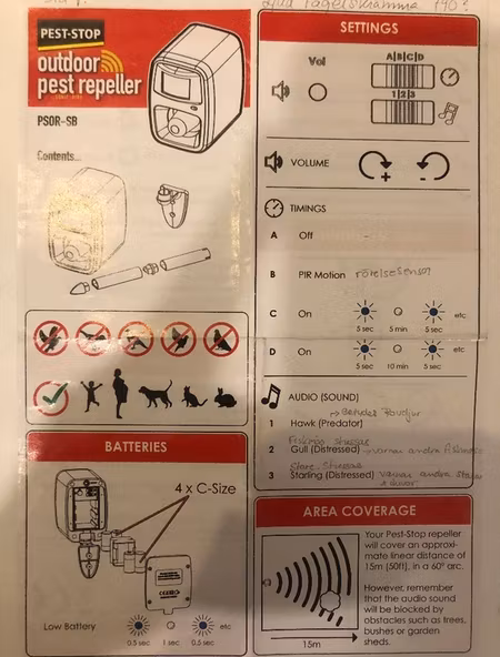 Fågelskrämma ljud med sensor, sonic bird. Fraktfritt