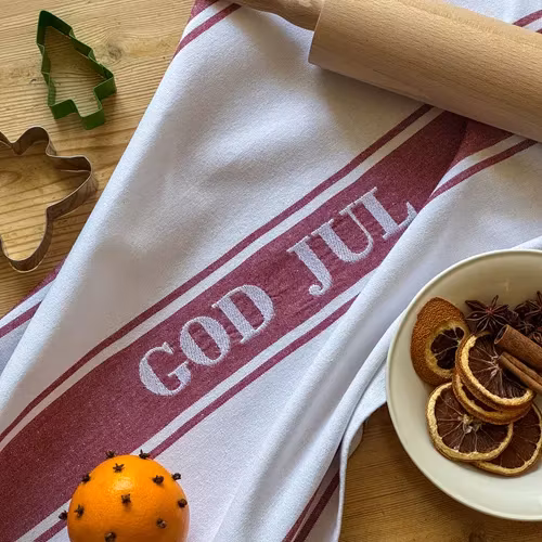kökshandduk rödvit broderat god jul återvunnet material